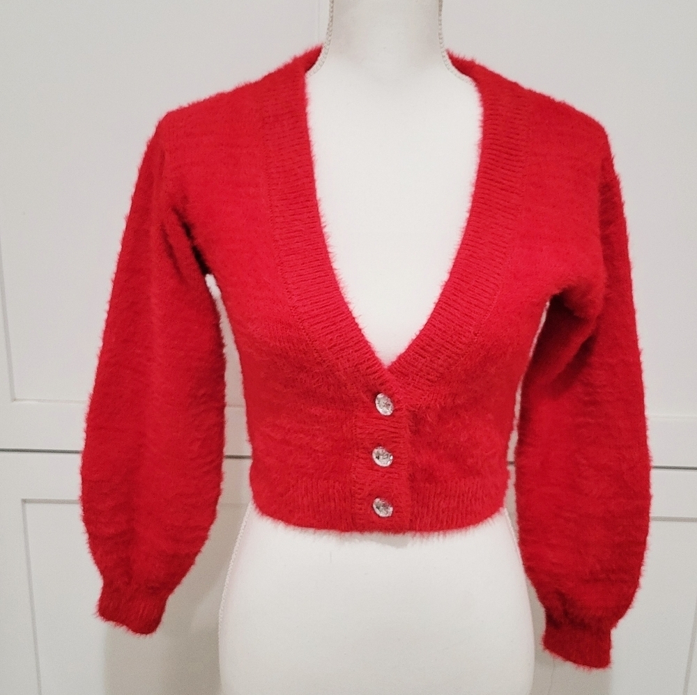 Sincerely Jules Red Cropped Cardigan Sweater w/Large Rhinestone Buttons | Size S